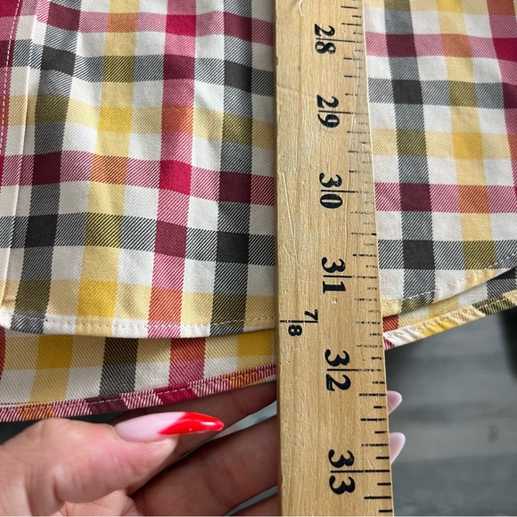 Orvis Collarless Orange Green Gingham Plaid Checked Button Up Short Sleeve Sz L - Picture 5 of 6